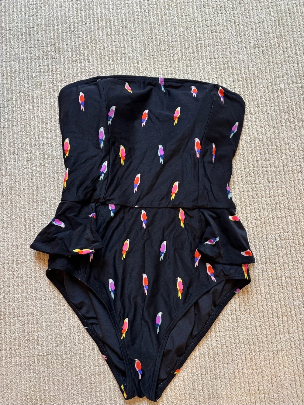 Black One-Piece Swimsuit with Colorful Parrot Print